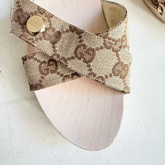 Gucci Canvas Monogram Wood Sole Clog Sandals 37 - Picture 3 of 16
